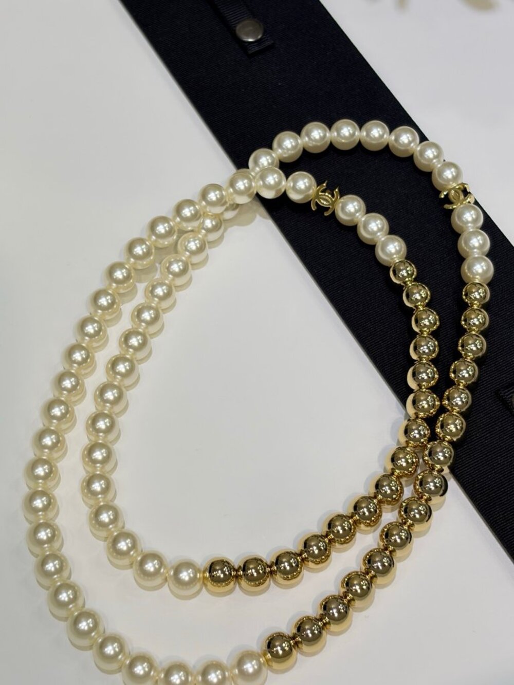 Chanel Gold-Tone Faux Pearl & Gold Bead CC Long Necklace